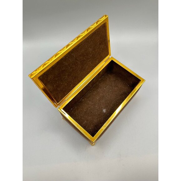 Vintage Gold & Brown Velvet Jewelry Box with Floral Porcelain Accent - Picture 4 of 9